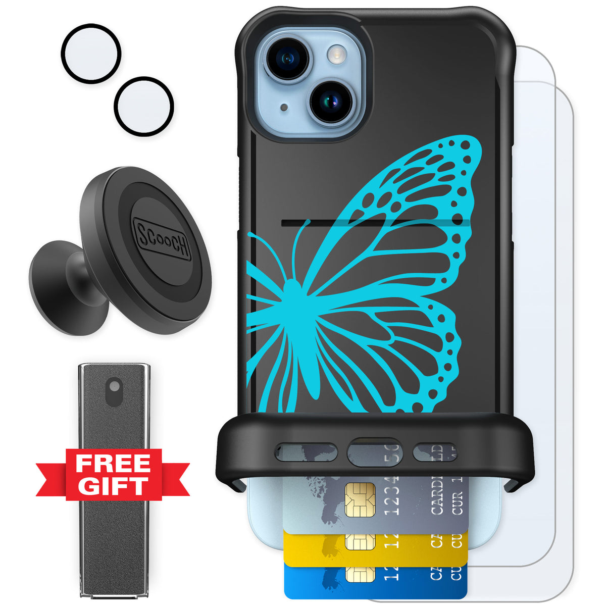 Scooch Wingmate Azure Butterfly for iPhone 15 Plus — Defender Bundle