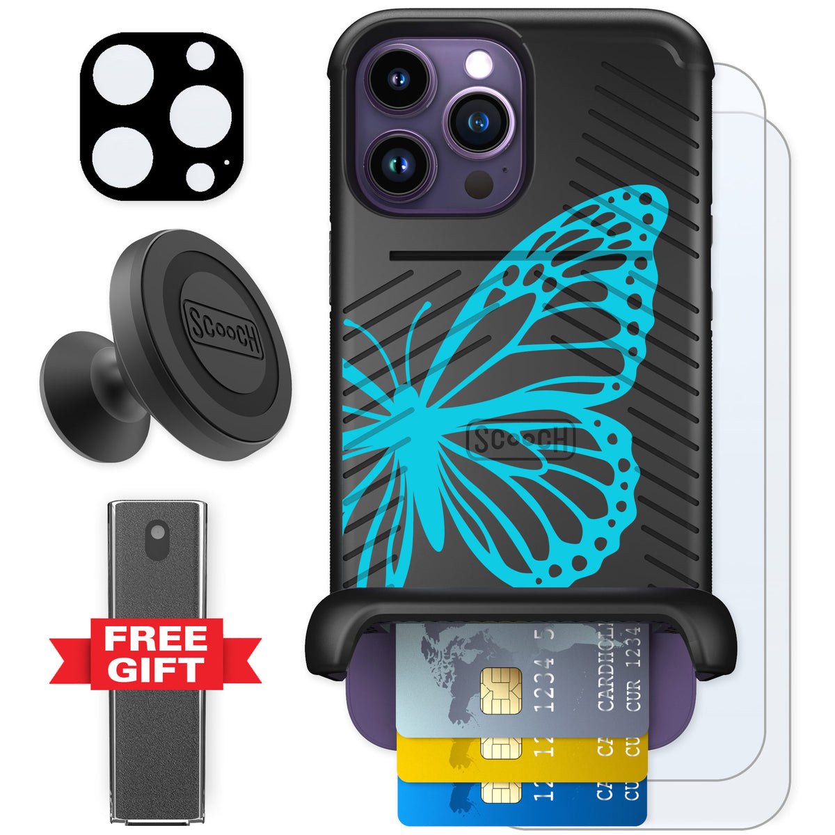 Scooch Wingmate Azure Butterfly for iPhone 14 Pro Max — Defender Bundle