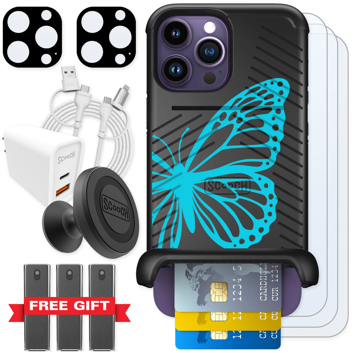 Scooch Wingmate Azure Butterfly for iPhone 14 Pro Max — Ultimate Bundle