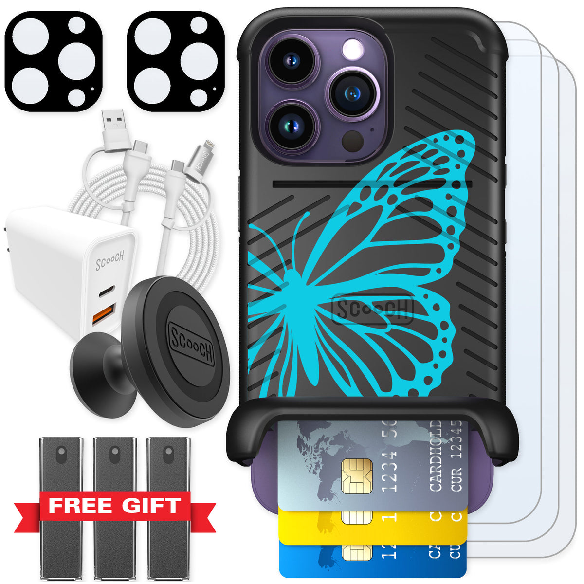 Scooch Wingmate Azure Butterfly for iPhone 14 Pro — Ultimate Bundle