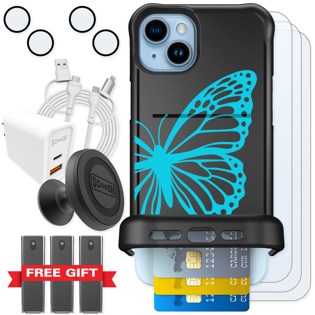 Scooch Wingmate Azure Butterfly for iPhone 14 Plus — Ultimate Bundle