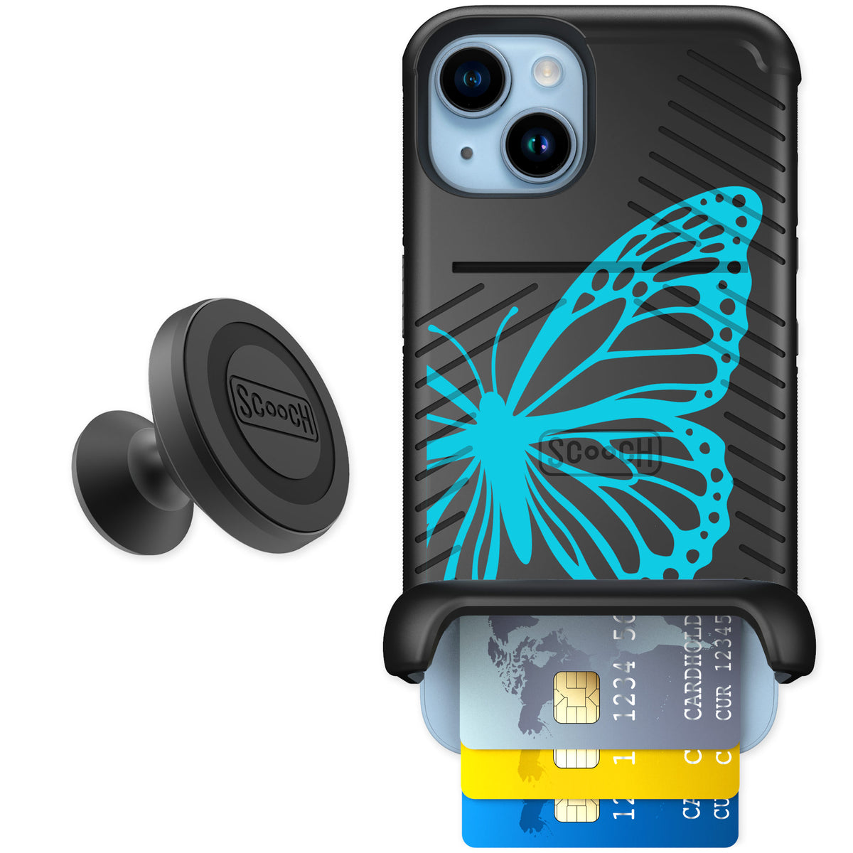 Scooch Wingmate Azure Butterfly for iPhone 14 — Starter Bundle
