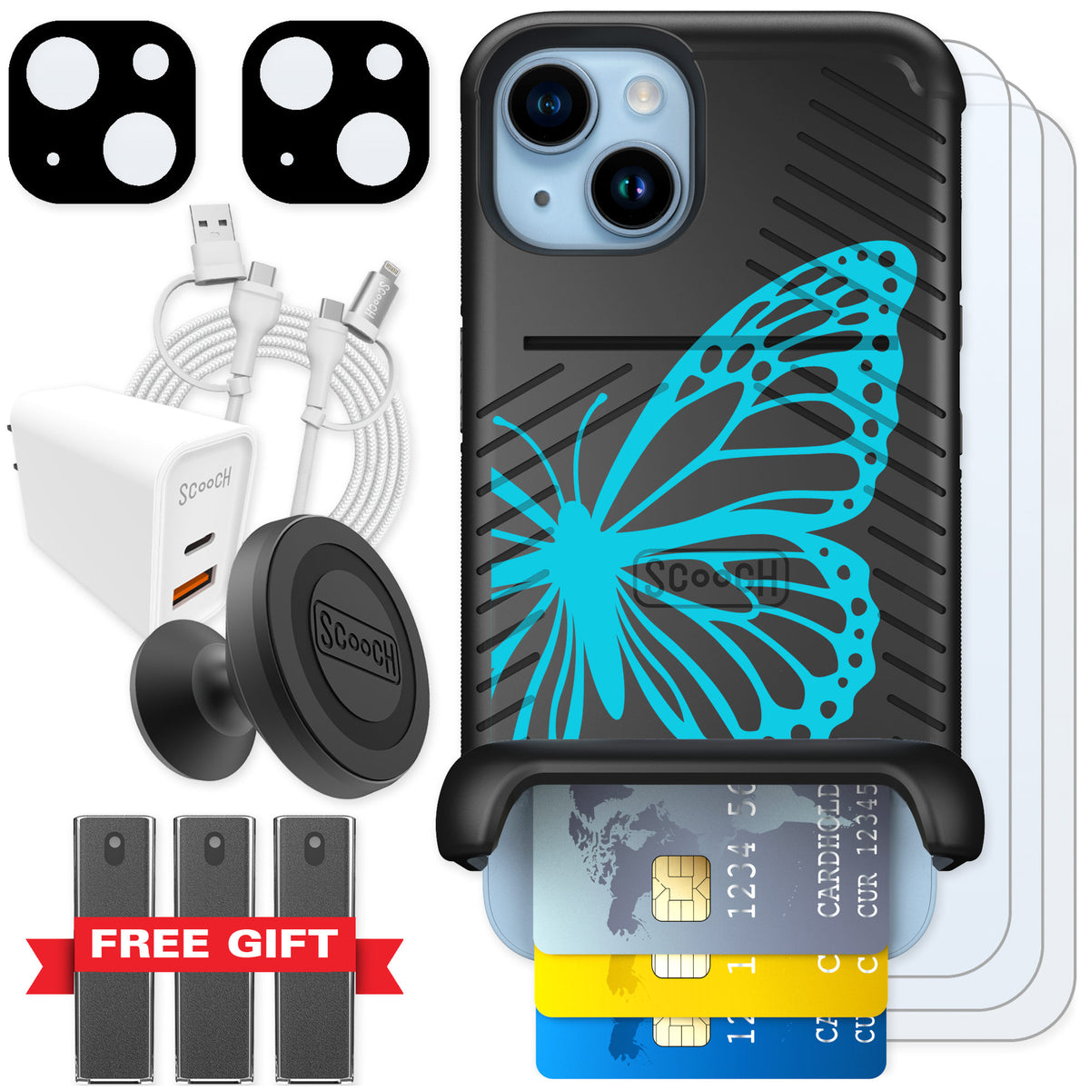 Scooch Wingmate Azure Butterfly for iPhone 14 — Ultimate Bundle