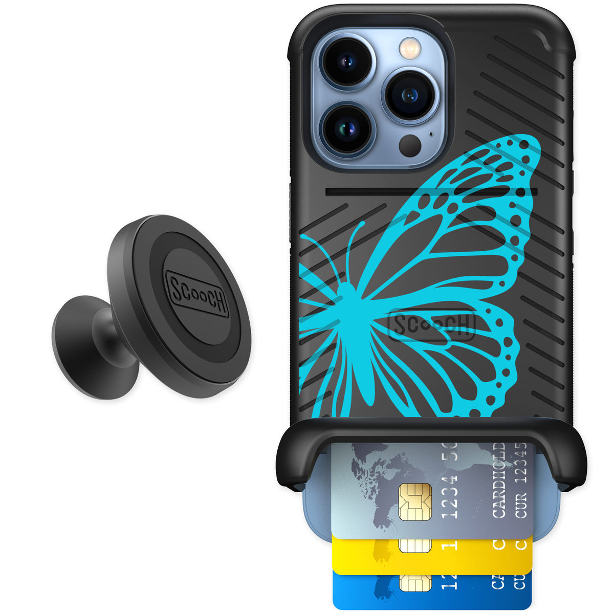 Scooch Wingmate Azure Butterfly for iPhone 13 Pro — Starter Bundle
