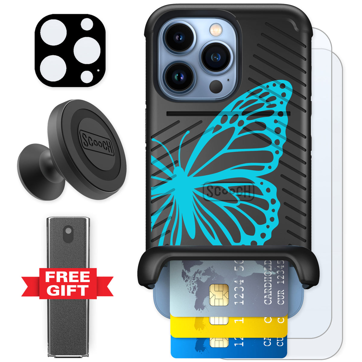 Scooch Wingmate Azure Butterfly for iPhone 13 Pro — Defender Bundle