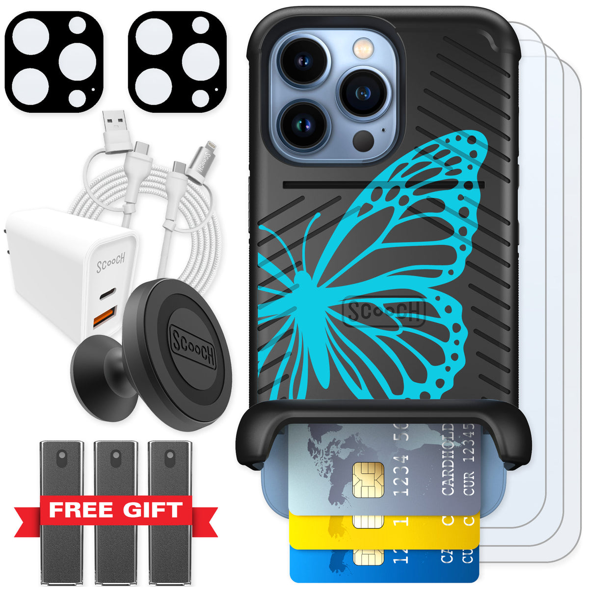 Scooch Wingmate Azure Butterfly for iPhone 13 Pro — Ultimate Bundle