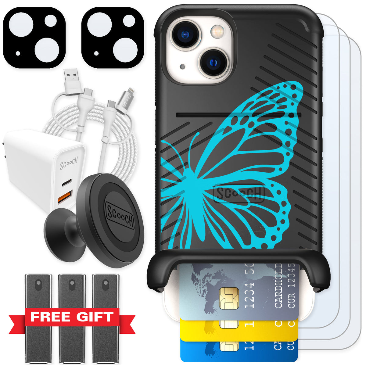 Scooch Wingmate Azure Butterfly for iPhone 13 — Ultimate Bundle