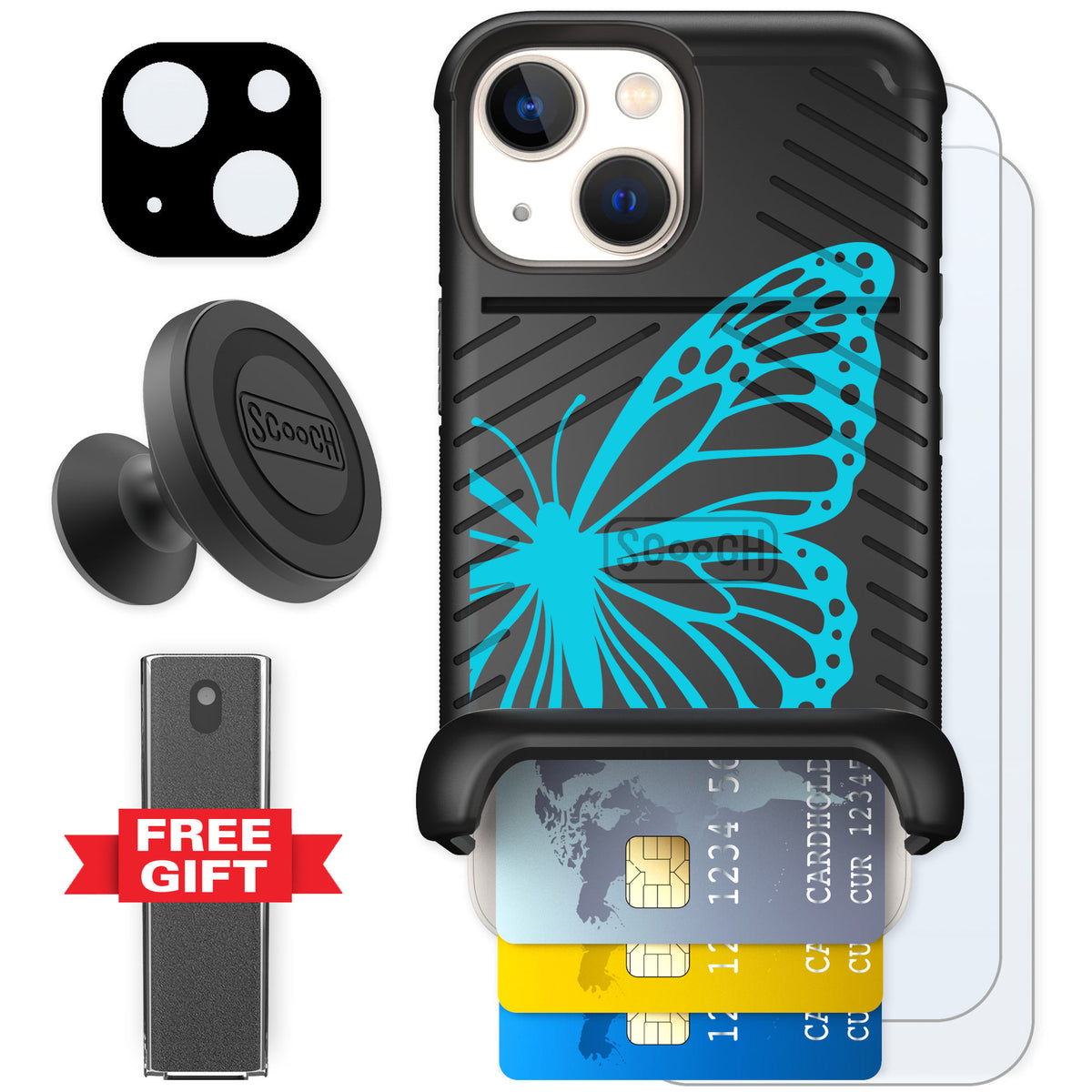 Scooch Wingmate Azure Butterfly for iPhone 13 mini — Defender Bundle