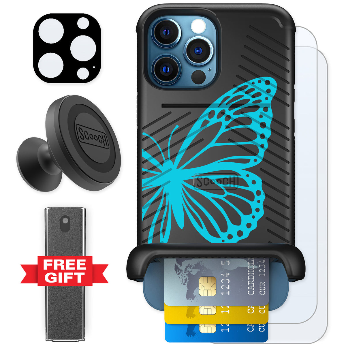 Scooch Wingmate Azure Butterfly for iPhone 12 Pro — Defender Bundle