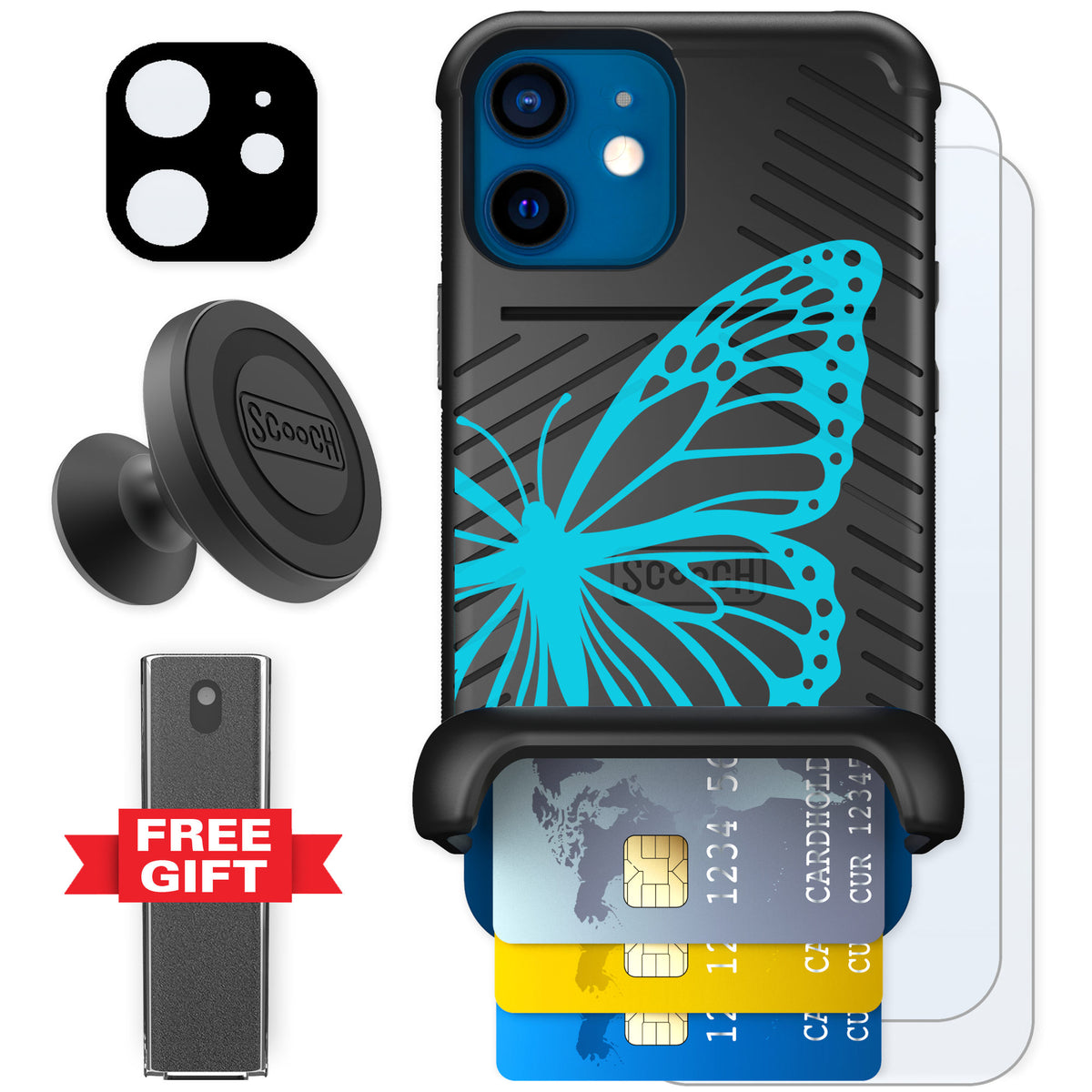 Scooch Wingmate Azure Butterfly for iPhone 12 mini — Defender Bundle