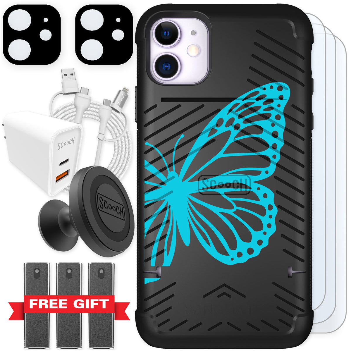 Scooch Wingmate Azure Butterfly for iPhone 11 — Ultimate Bundle