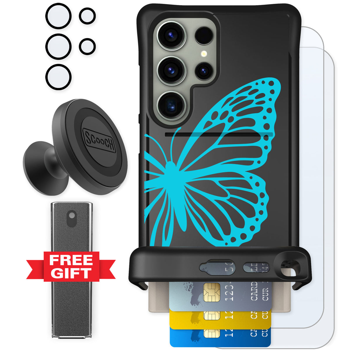 Scooch Wingmate Azure Butterfly for Galaxy S24 Ultra — Defender Bundle