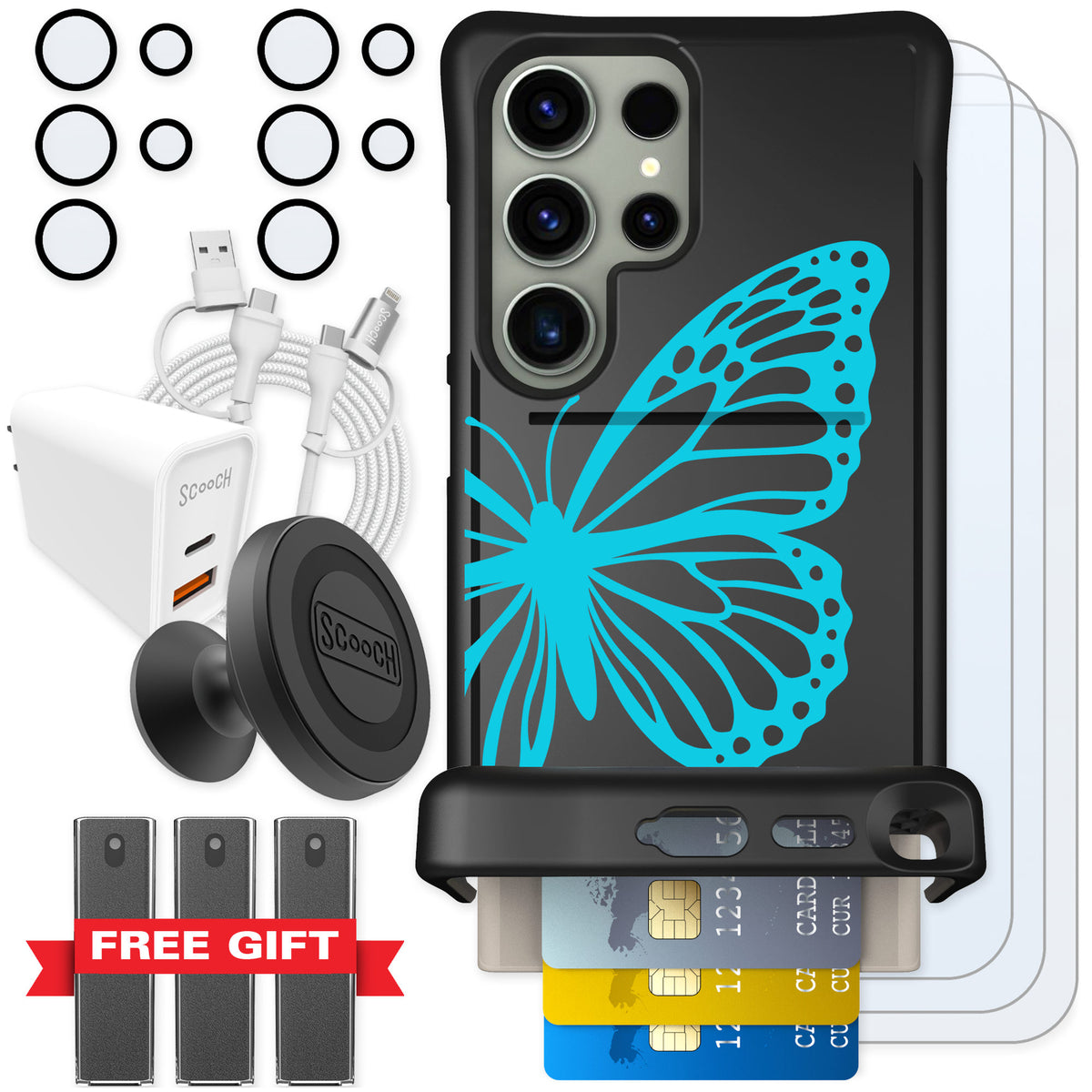 Scooch Wingmate Azure Butterfly for Galaxy S24 Ultra — Ultimate Bundle