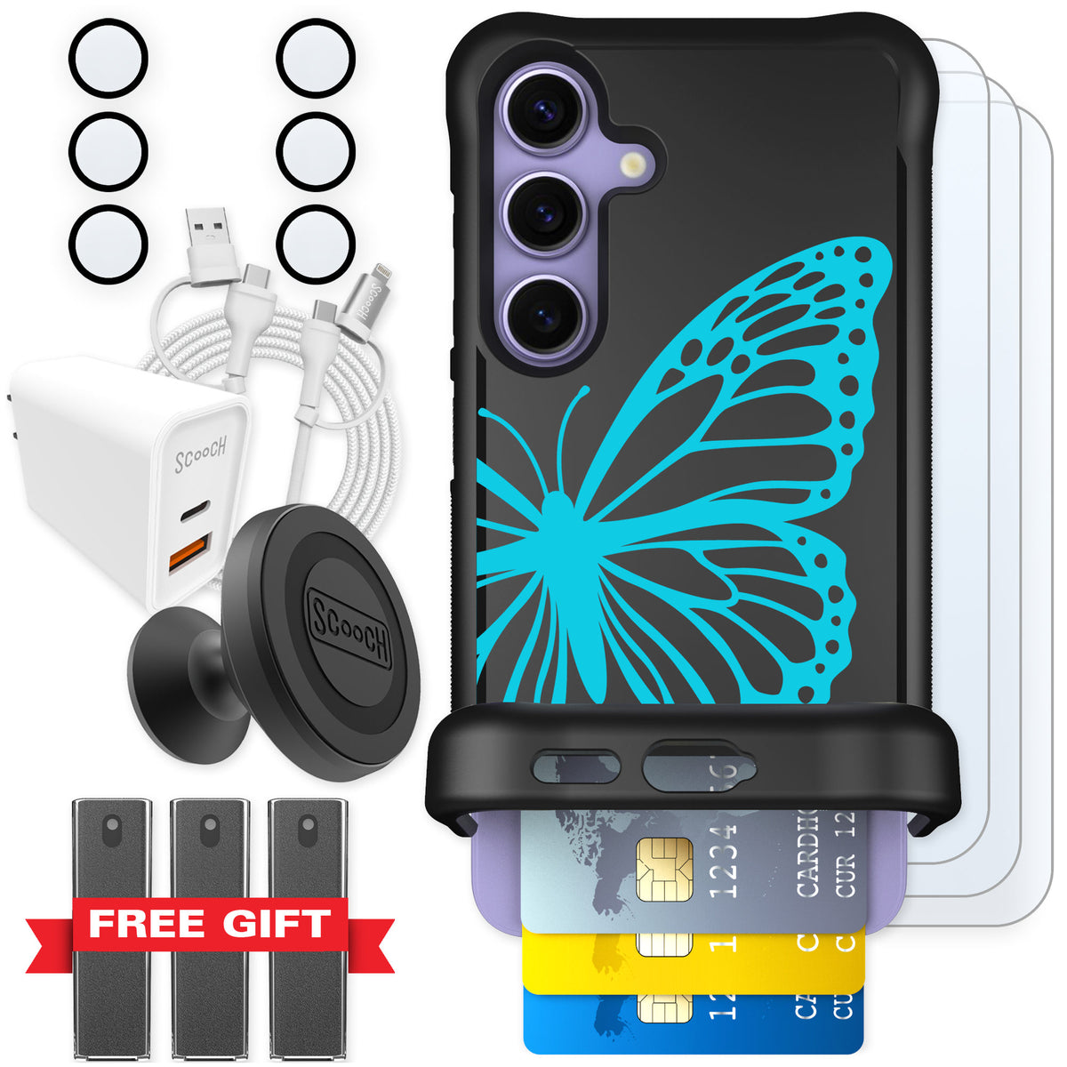 Scooch Wingmate Azure Butterfly for Galaxy S24 — Ultimate Bundle