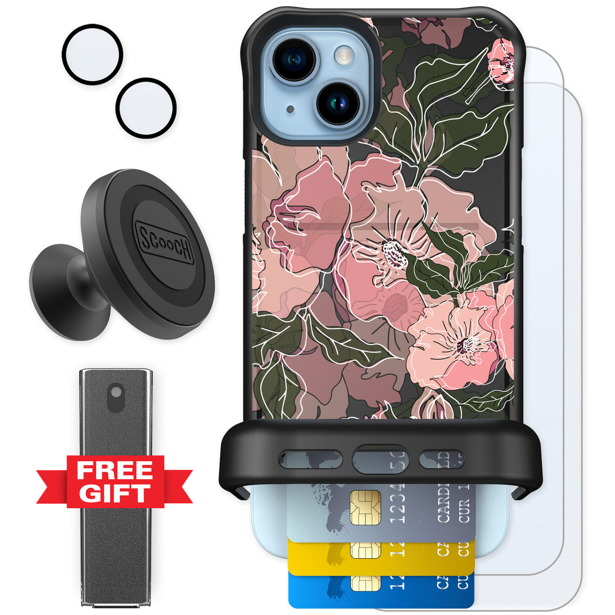 Scooch Wingmate Blush Botanical for iPhone 15 Plus — Defender Bundle