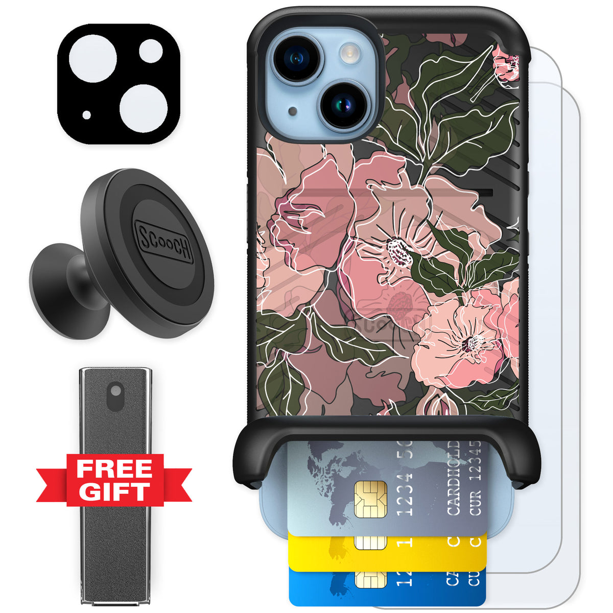 Scooch Wingmate Blush Botanical for iPhone 14 — Defender Bundle