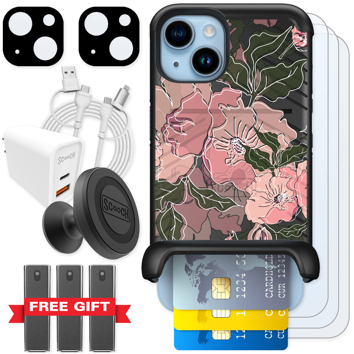 Scooch Wingmate Blush Botanical for iPhone 14 — Ultimate Bundle