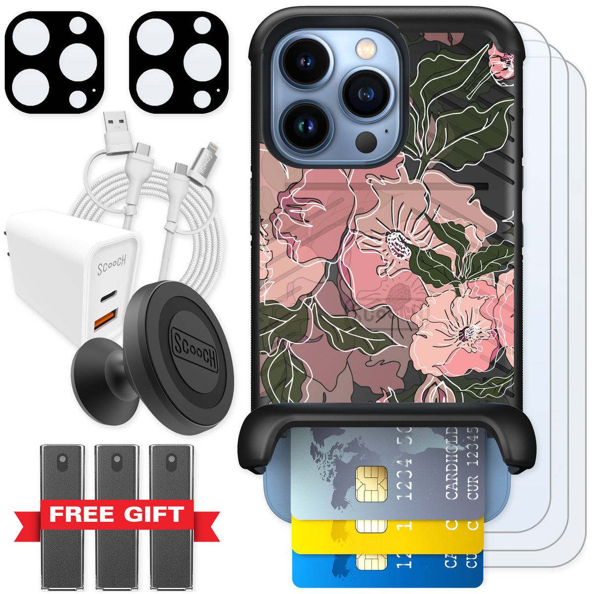 Scooch Wingmate Blush Botanical for iPhone 13 Pro — Ultimate Bundle