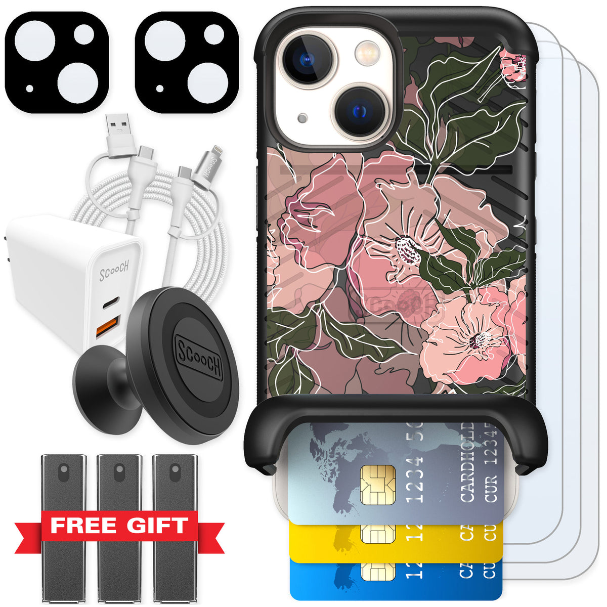 Scooch Wingmate Blush Botanical for iPhone 13 mini — Ultimate Bundle