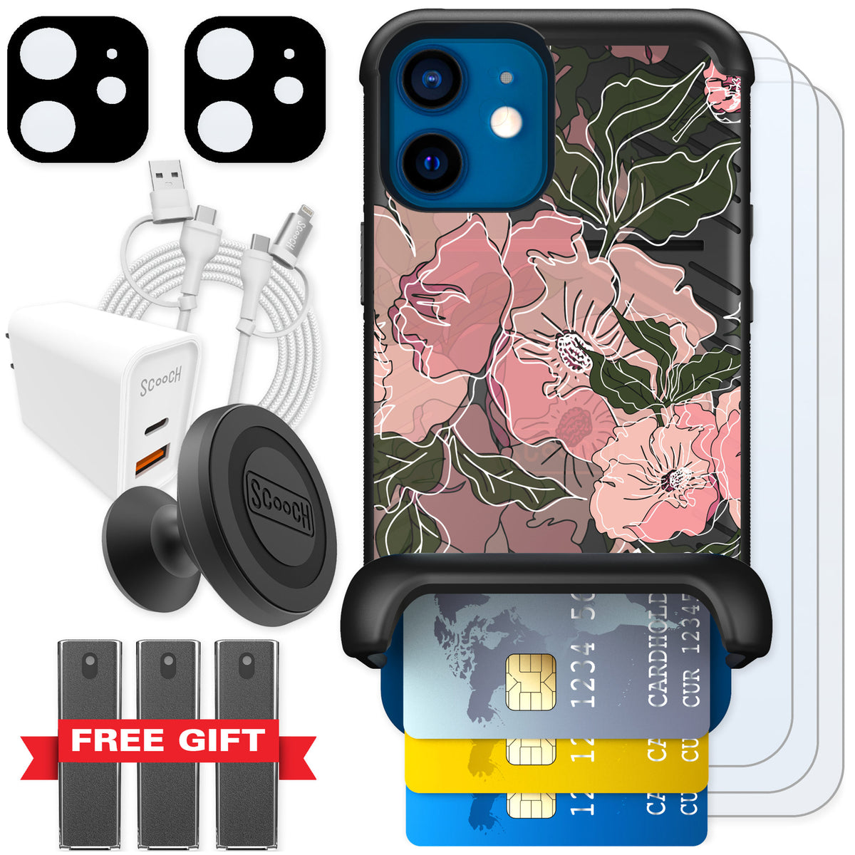 Scooch Wingmate Blush Botanical for iPhone 12 mini — Ultimate Bundle