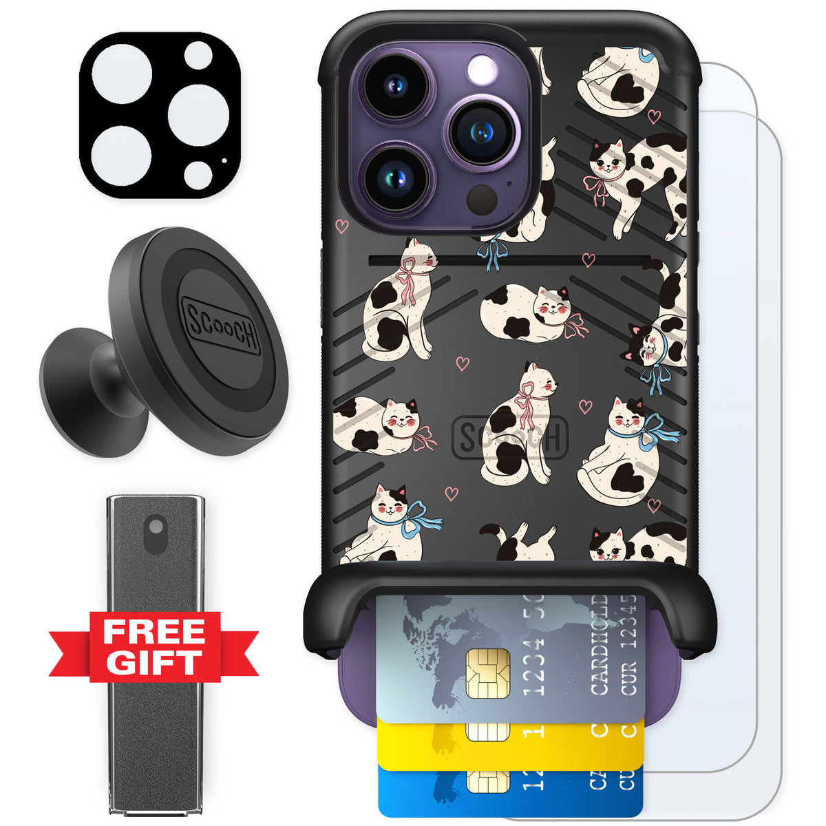 Scooch Wingmate Bow Kitties for iPhone 14 Pro — Defender Bundle