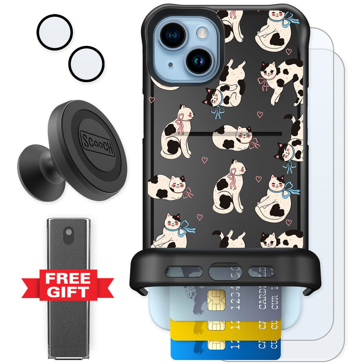 Scooch Wingmate Bow Kitties for iPhone 14 Plus — Defender Bundle