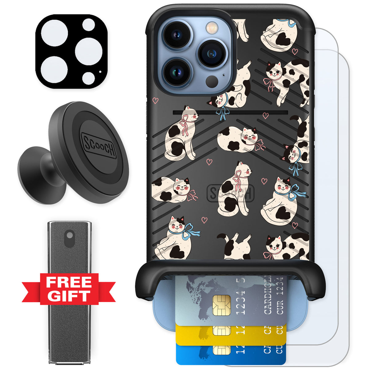Scooch Wingmate Bow Kitties for iPhone 13 Pro Max — Defender Bundle