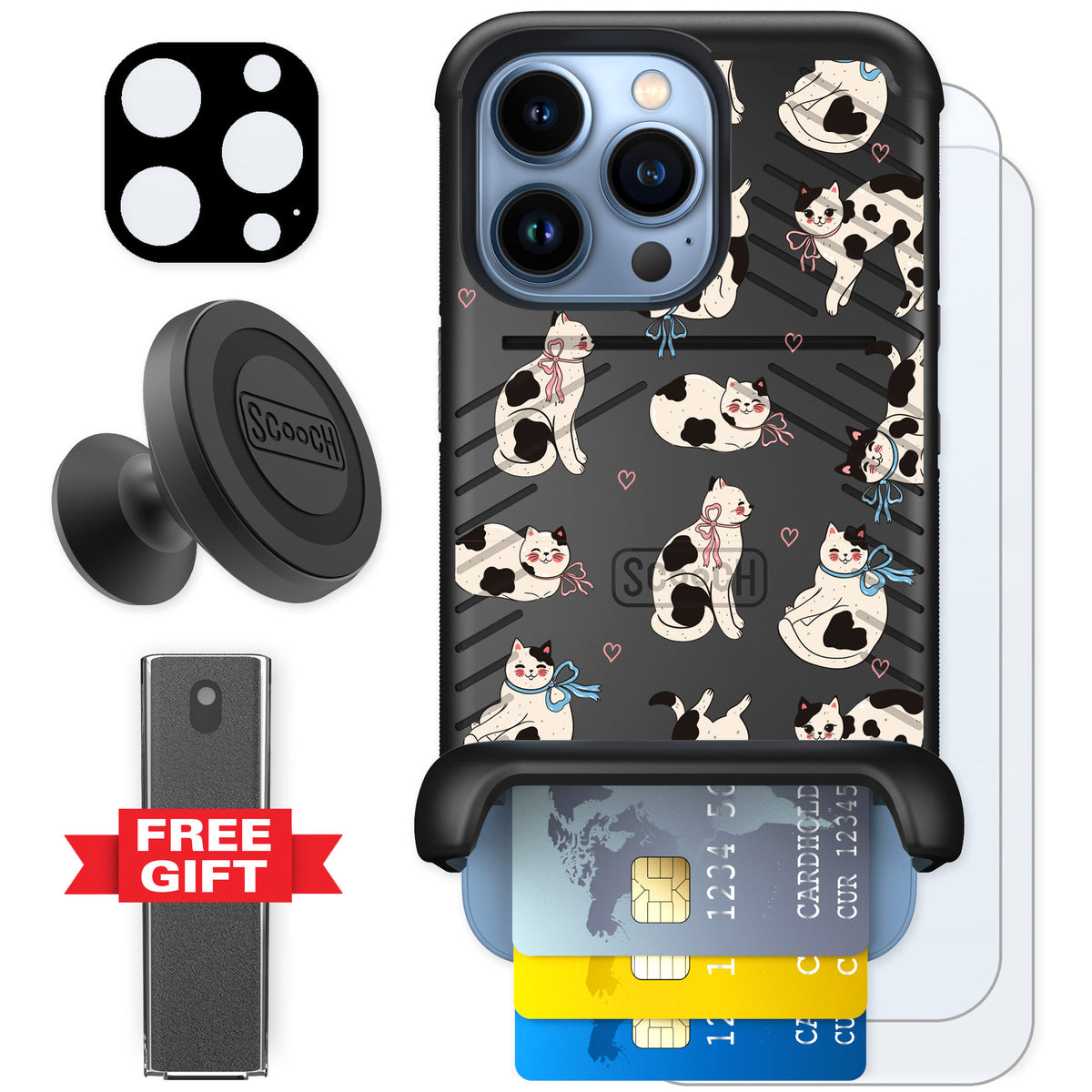 Scooch Wingmate Bow Kitties for iPhone 13 Pro — Defender Bundle