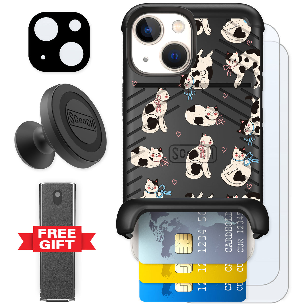 Scooch Wingmate Bow Kitties for iPhone 13 mini — Defender Bundle