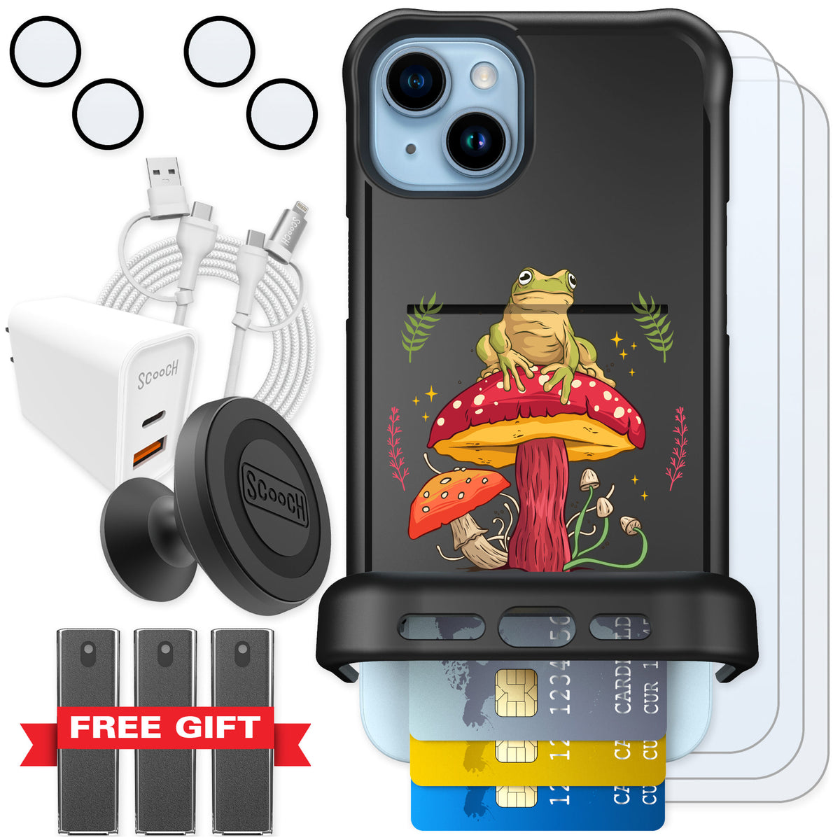 Scooch Wingmate Toadstool Frog for iPhone 15 Plus — Ultimate Bundle