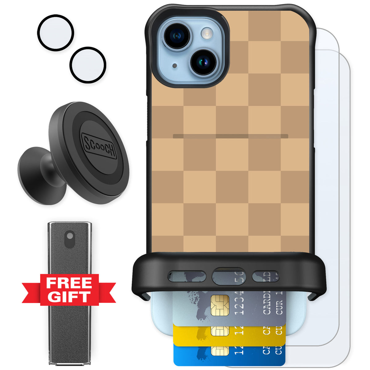 Scooch Wingmate Checkered Beige for iPhone 15 Plus — Defender Bundle