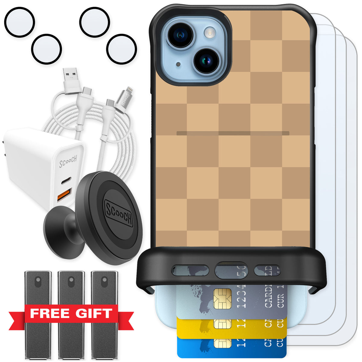 Scooch Wingmate Checkered Beige for iPhone 15 Plus — Ultimate Bundle