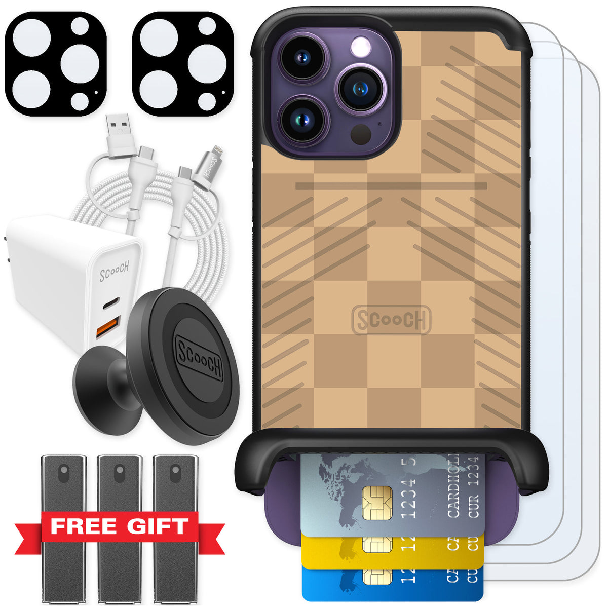 Scooch Wingmate Checkered Beige for iPhone 14 Pro Max — Ultimate Bundle