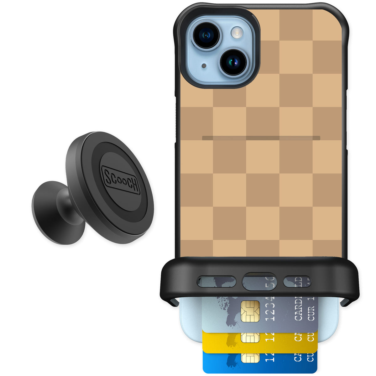 Scooch Wingmate Checkered Beige for iPhone 14 Plus — Starter Bundle