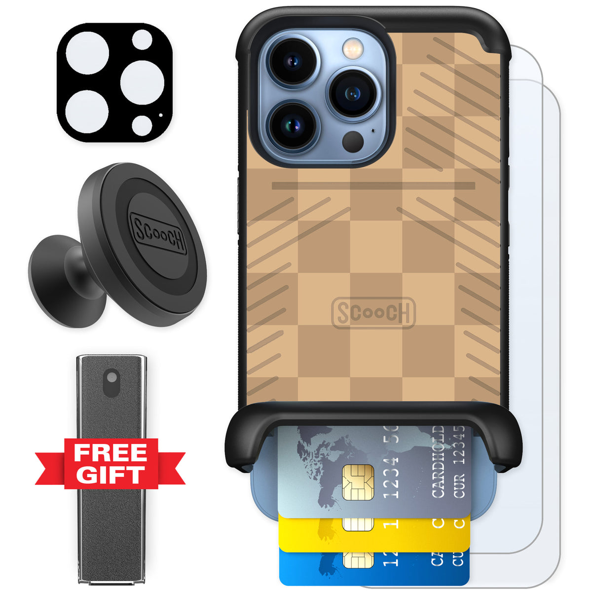 Scooch Wingmate Checkered Beige for iPhone 13 Pro — Defender Bundle