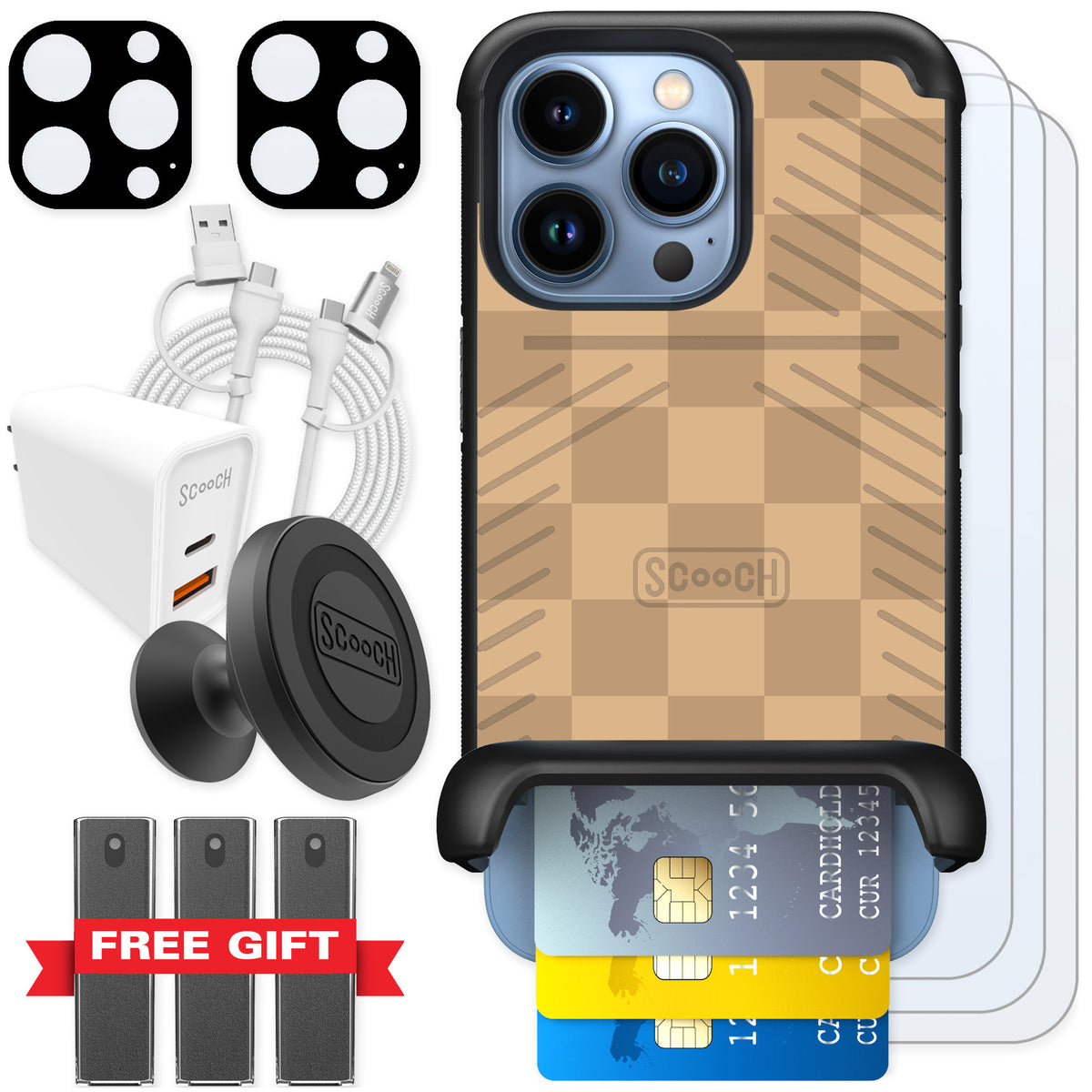 Scooch Wingmate Checkered Beige for iPhone 13 Pro — Ultimate Bundle