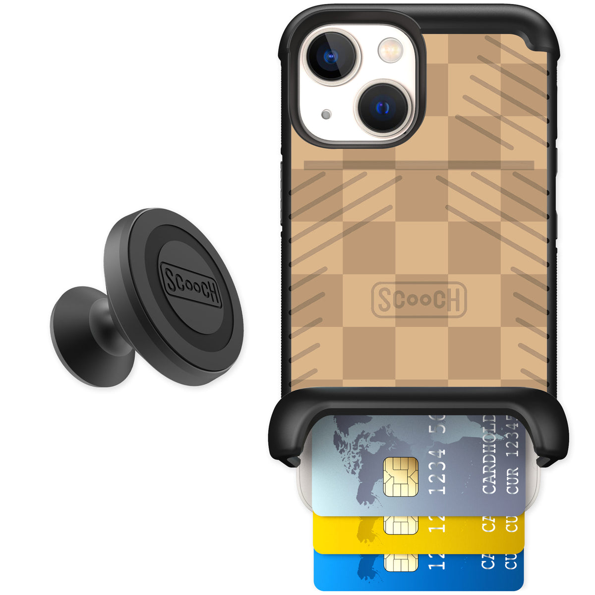 Scooch Wingmate Checkered Beige for iPhone 13 mini — Starter Bundle