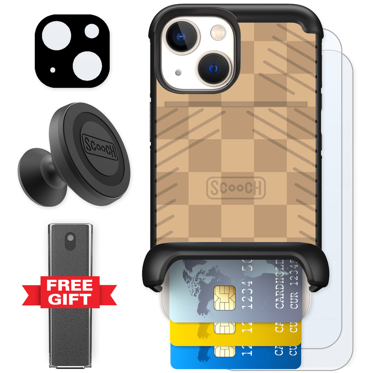 Scooch Wingmate Checkered Beige for iPhone 13 mini — Defender Bundle