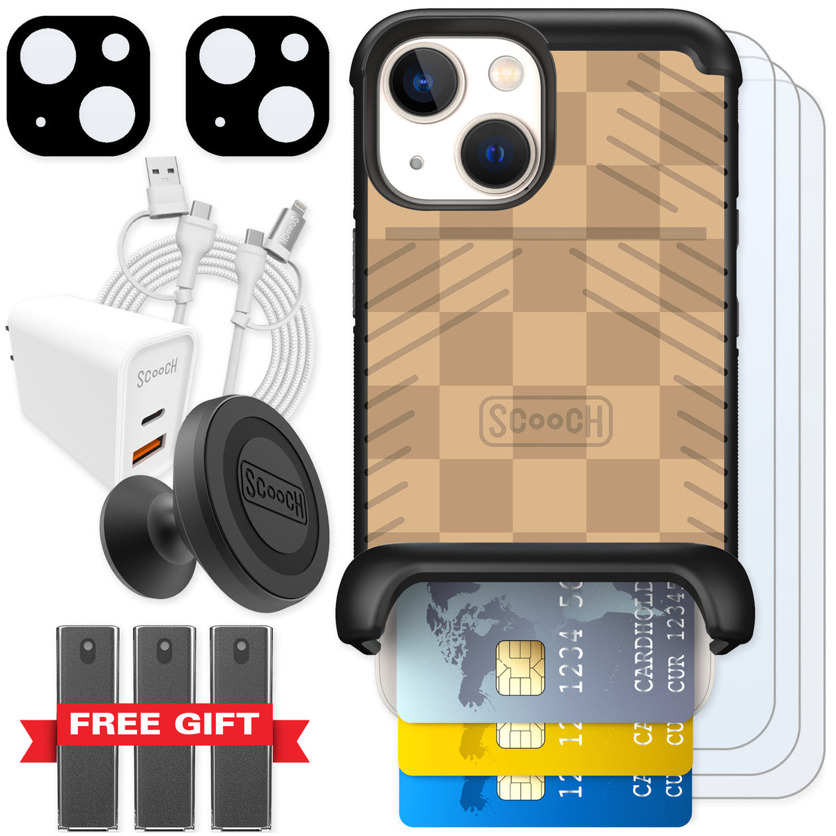 Scooch Wingmate Checkered Beige for iPhone 13 mini — Ultimate Bundle
