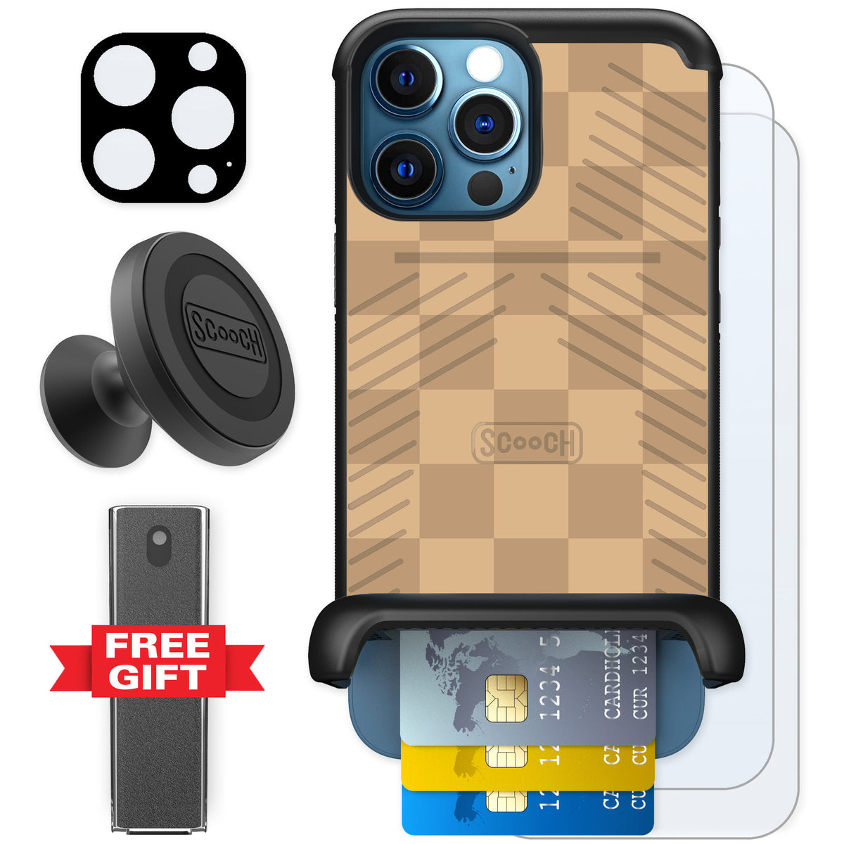 Scooch Wingmate Checkered Beige for iPhone 12 Pro — Defender Bundle