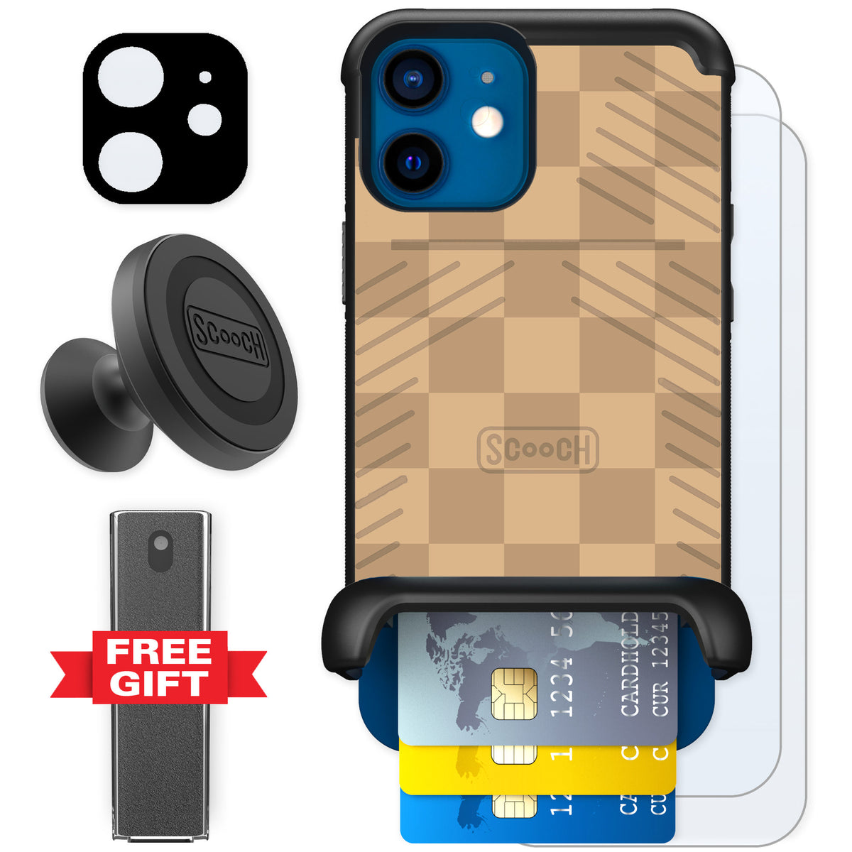 Scooch Wingmate Checkered Beige for iPhone 12 — Defender Bundle