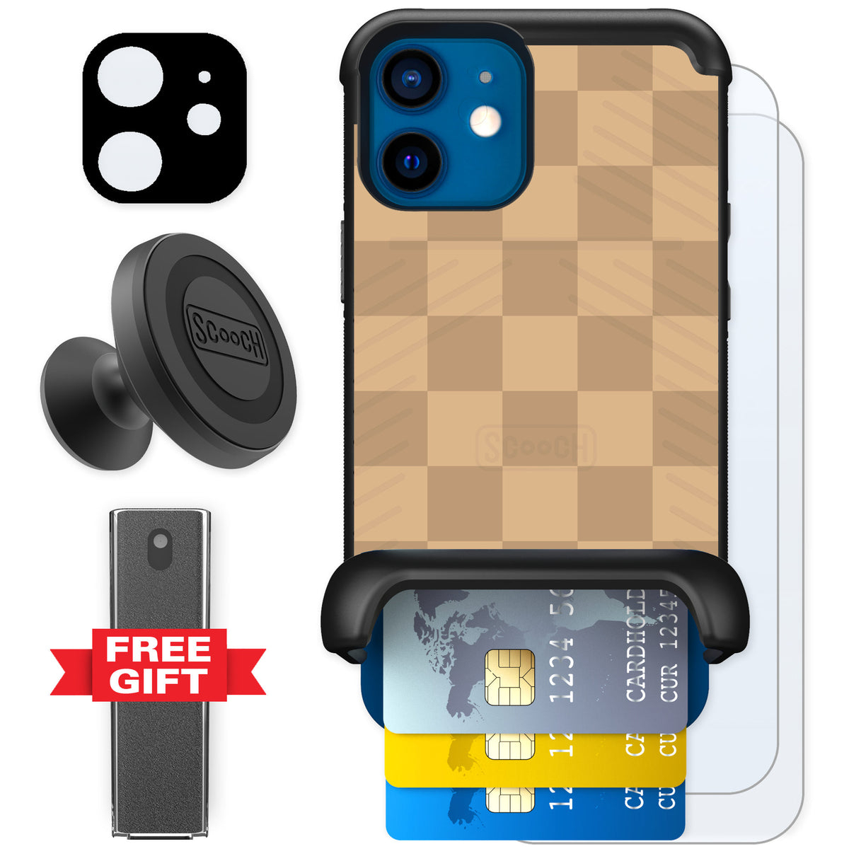 Scooch Wingmate Checkered Beige for iPhone 12 mini — Defender Bundle