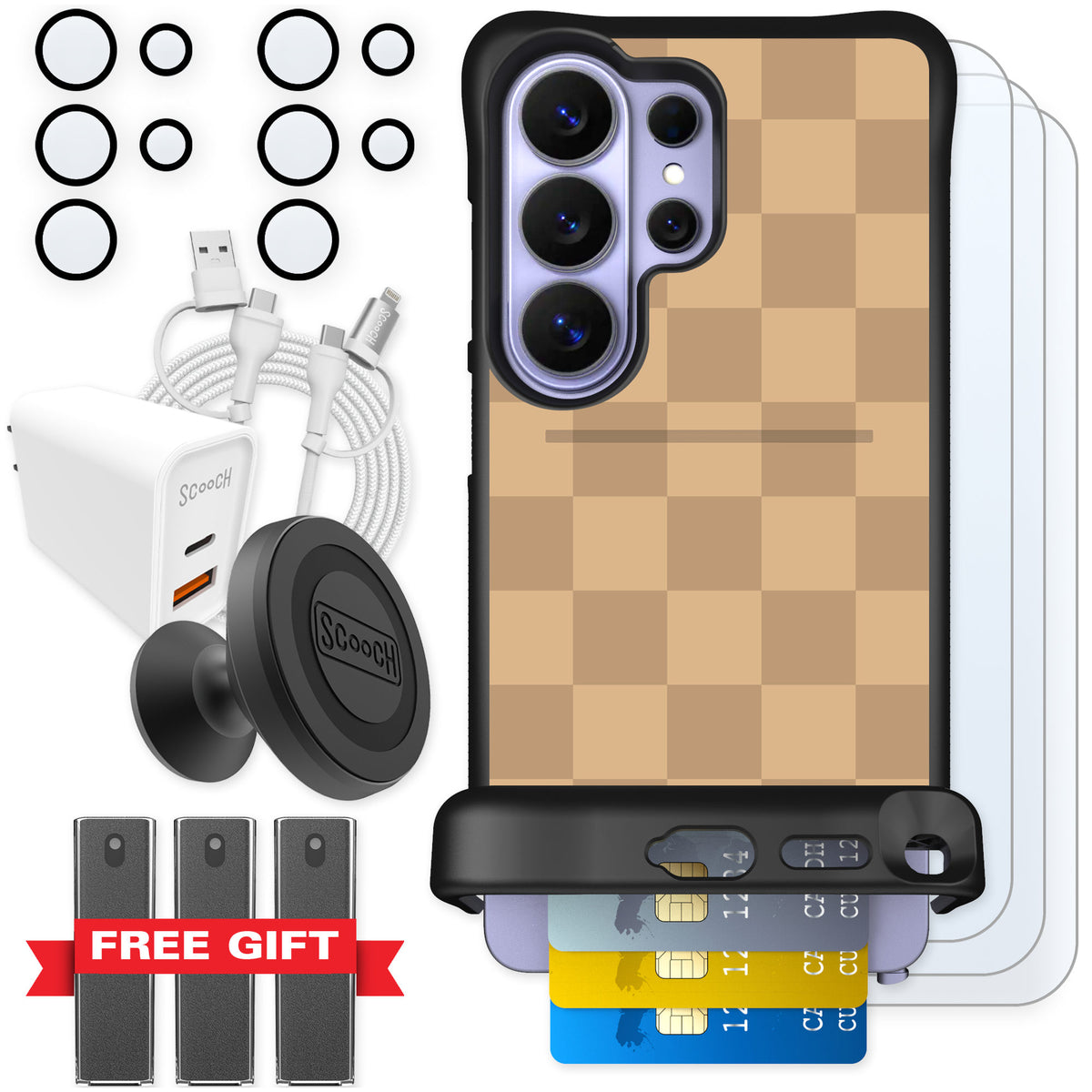 Scooch Wingmate Checkered Beige for Galaxy S26 Ultra — Ultimate Bundle