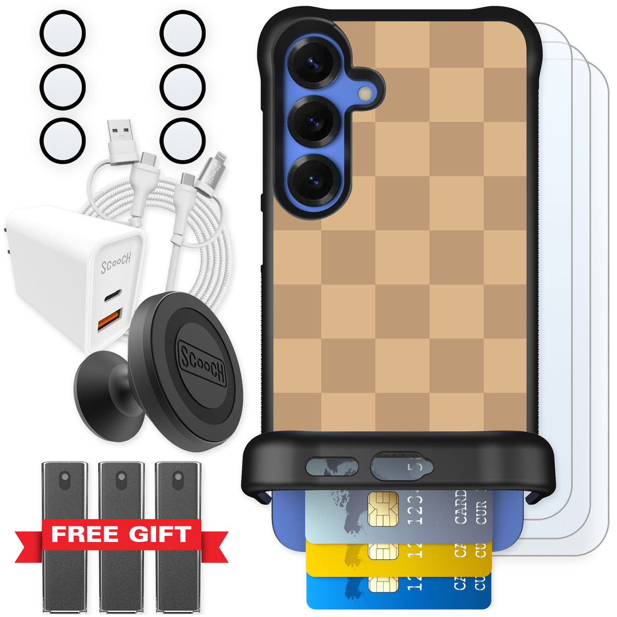 Scooch Wingmate Checkered Beige for Galaxy S25+ — Ultimate Bundle