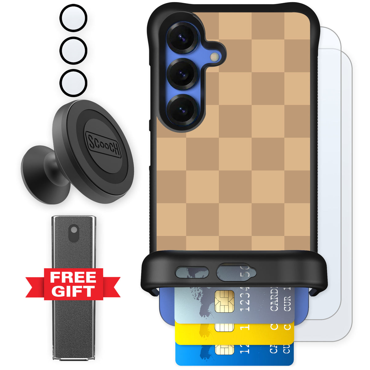 Scooch Wingmate Checkered Beige for Galaxy S25 — Defender Bundle