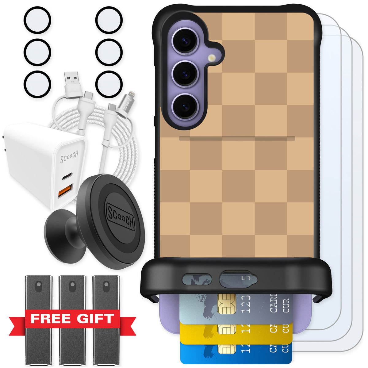Scooch Wingmate Checkered Beige for Galaxy S24+ — Ultimate Bundle