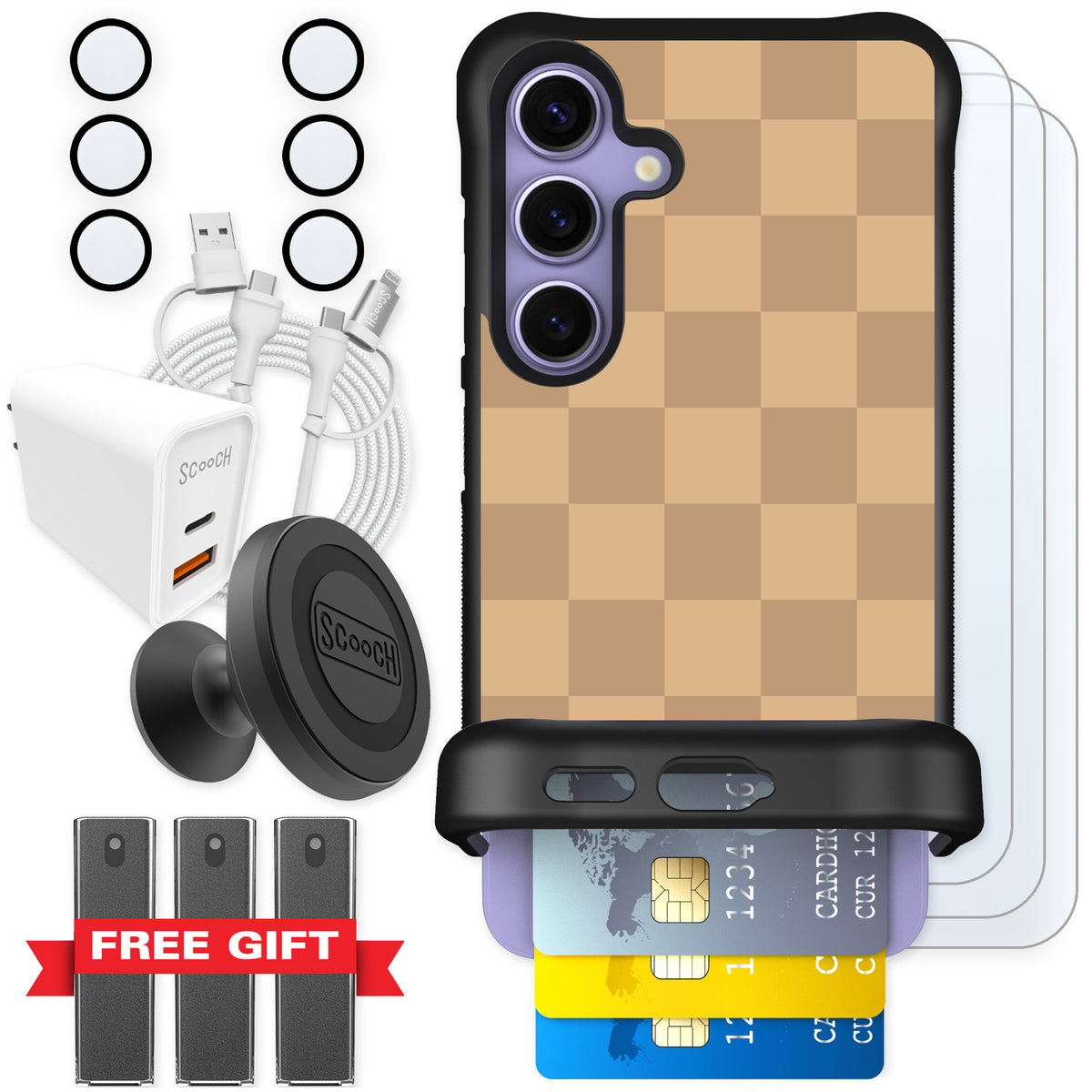Scooch Wingmate Checkered Beige for Galaxy S24 — Ultimate Bundle