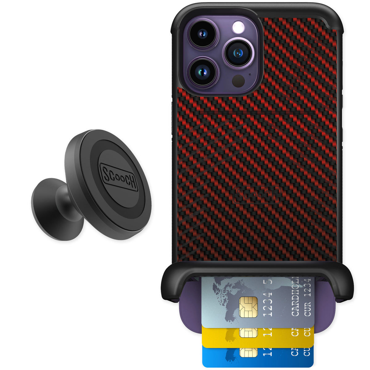 Scooch Wingmate Red Carbon Fiber for iPhone 14 Pro Max — Starter Bundle