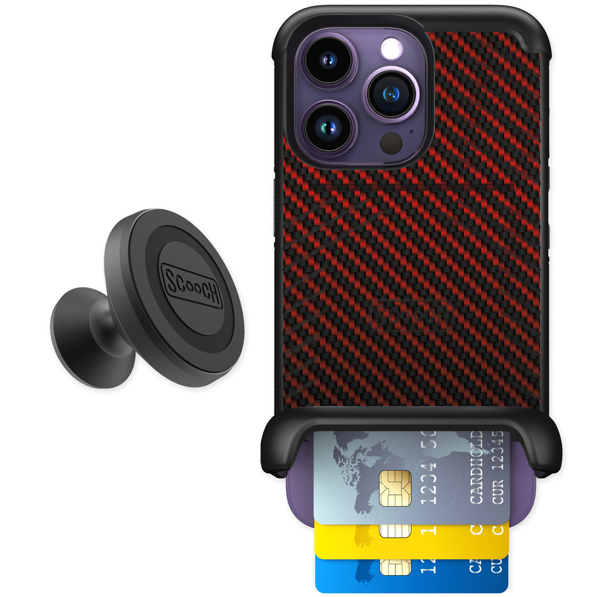 Scooch Wingmate Red Carbon Fiber for iPhone 14 Pro — Starter Bundle