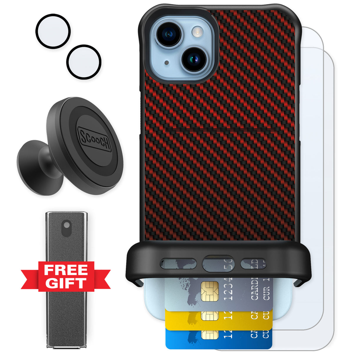 Scooch Wingmate Red Carbon Fiber for iPhone 14 Plus — Defender Bundle